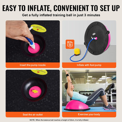 Half Balance Ball Trainer, 23-Inch Stability Ball with a 660Lbs Weight Limit, Includes Resistance Bands & Foot Pump for a Comprehensive Home Gym Experience, Ideal for Full Body Fitness, Pink