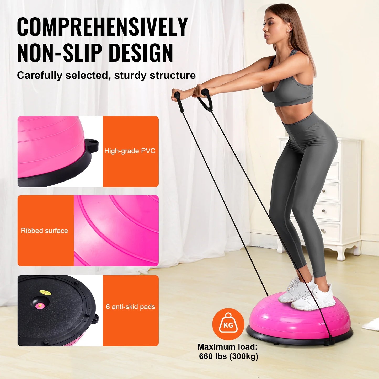 Half Balance Ball Trainer, 23-Inch Stability Ball with a 660Lbs Weight Limit, Includes Resistance Bands & Foot Pump for a Comprehensive Home Gym Experience, Ideal for Full Body Fitness, Pink